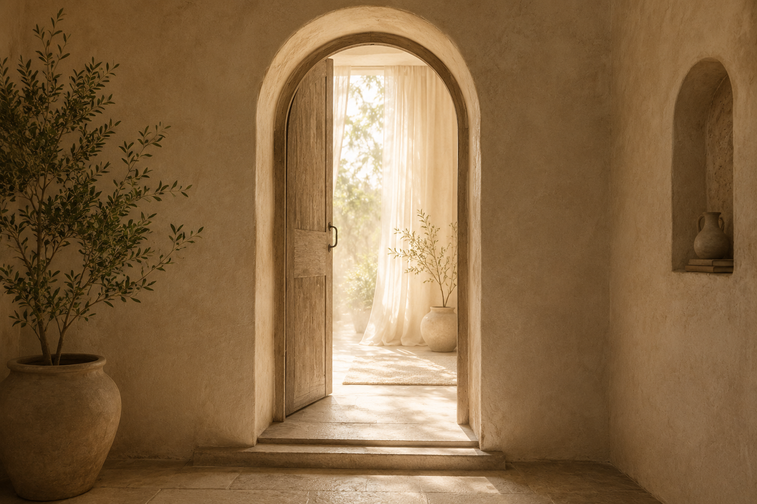 An arched wooden door standing open in a serene, natural-toned room with soft light glowing gently from beyond