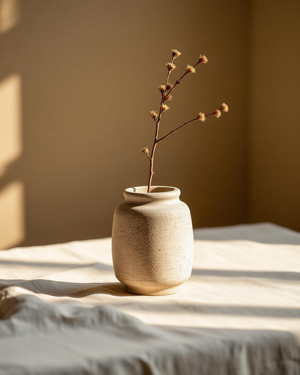Stone vase with a single dried branch on linen